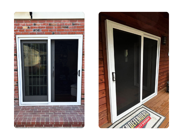 Two panel sliding security door providing full patio coverage and reinforced protection on both sides